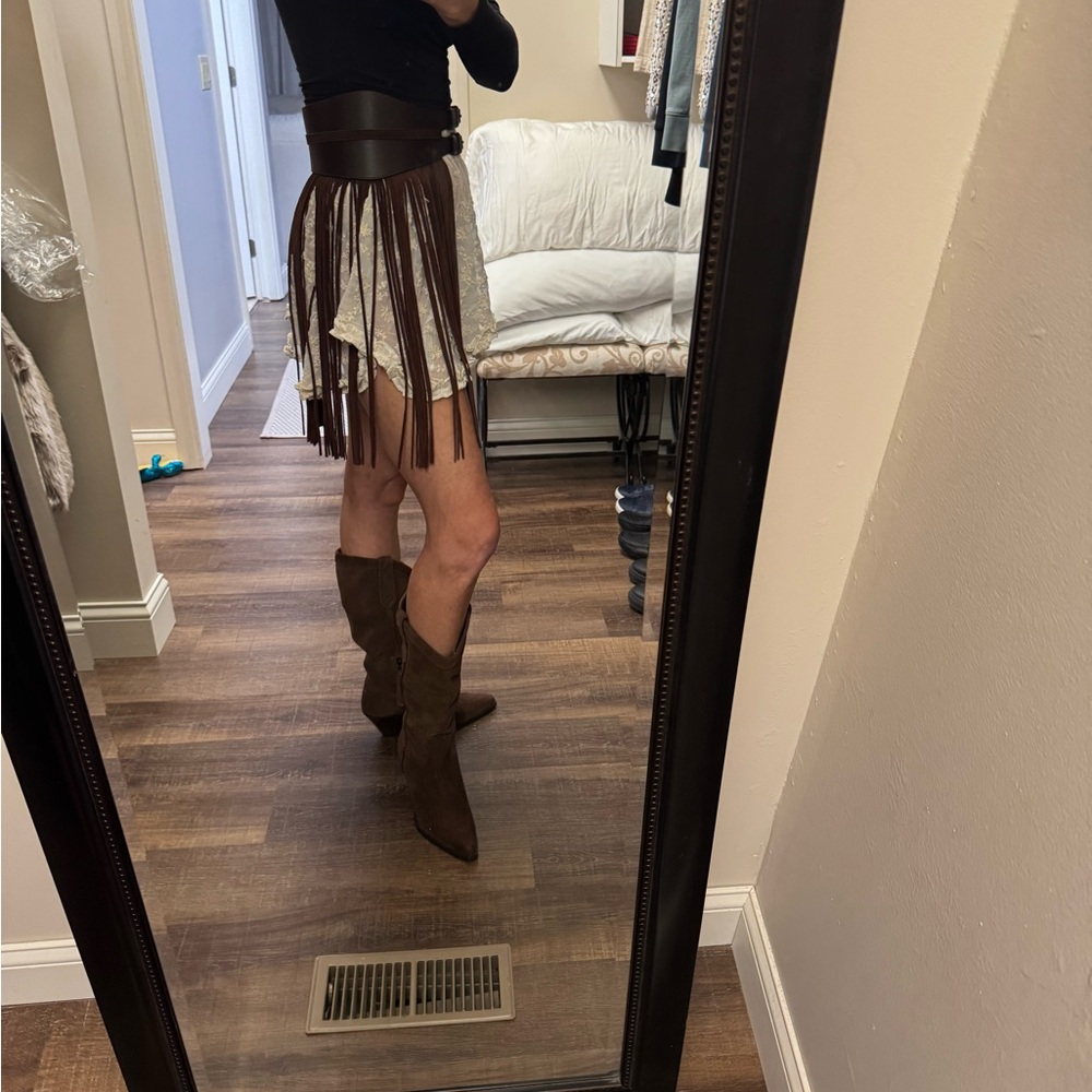 Anthropologie Brown Fringe Mini Skirt or belt